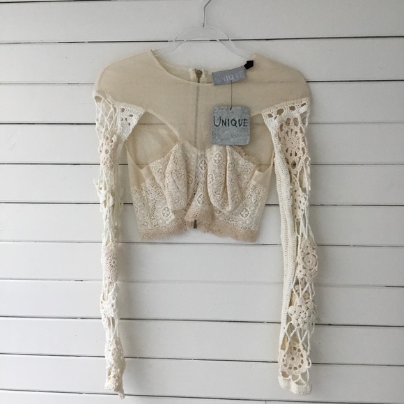 Unique Vintage Tops - NWT Unique” Crochet & Sheer Cut Out Crop Top